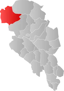 Mapa do condado de Oppland com Skjåk em destaque.