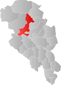Mapa do condado de Oppland com Vågå em destaque.