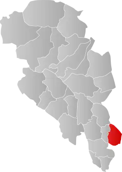 Mapa do condado de Oppland com Østre Toten em destaque.