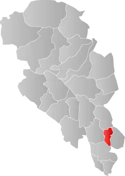 Mapa do condado de Oppland com Vestre Toten em destaque.