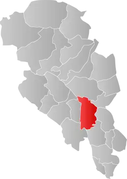 Mapa do condado de Oppland com Nordre Land em destaque.