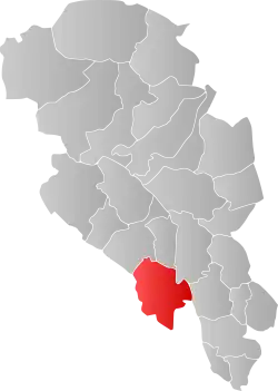 Mapa do condado de Oppland com Sør-Aurdal em destaque.