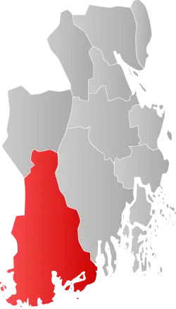 Mapa do condado de Vestfold com Larvik em destaque.