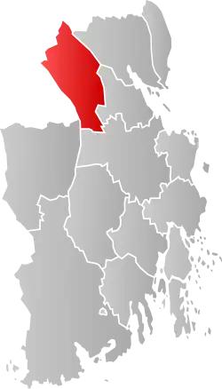 Mapa do condado de Vestfold og Telemark com Hof em destaque.