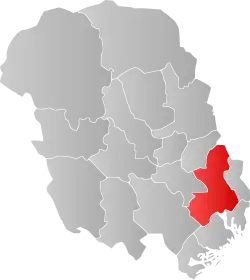 Mapa do condado de Telemark com Skien em destaque.