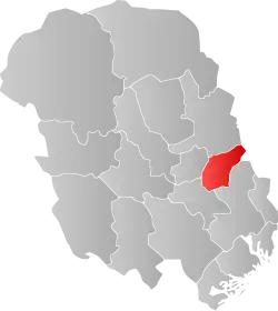 Mapa do condado de Telemark com Sauherad em destaque.