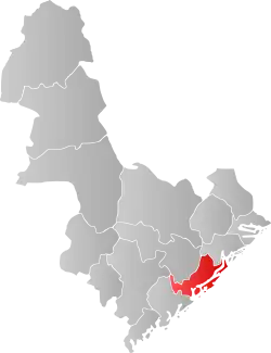 Mapa do condado de Aust-Agder com Arendal em destaque.