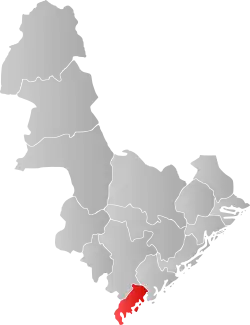 Mapa do condado de Agder com Lillesand em destaque.