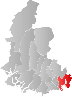 Mapa do condado de Vest-Agder com Kristiansand em destaque.