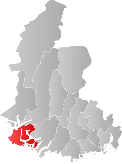 Mapa do condado de Vest-Agder com Farsund em destaque.