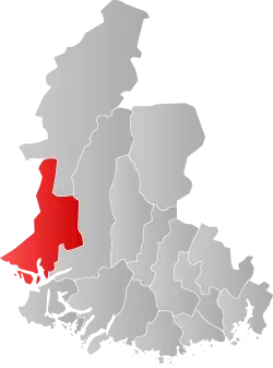 Mapa do condado de Vest-Agder com Flekkefjord em destaque.