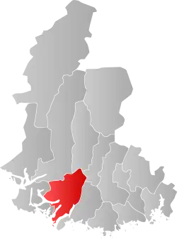 Mapa do condado de Agder com Lyngdal em destaque.