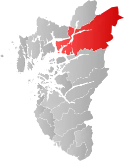 Mapa do condado de Rogaland com Suldal em destaque.