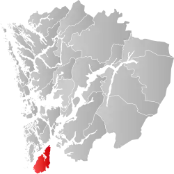 Mapa do condado de Hordaland com Sveio em destaque.