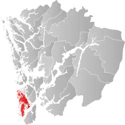 Mapa do condado de Hordaland com Bømlo em destaque.