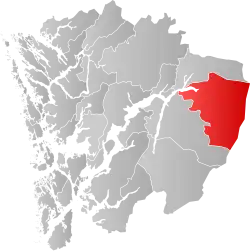 Mapa do condado de Hordaland com Eidfjord em destaque.