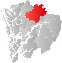 Mapa do condado de Hordaland com Voss em destaque.