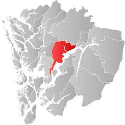 Mapa do condado de Hordaland com Kvam em destaque.