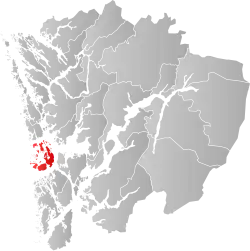Mapa do condado de Hordaland com Austevoll em destaque.