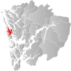 Mapa do condado de Hordaland com Fjell em destaque.