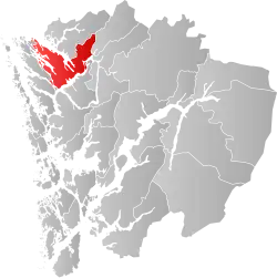 Mapa do condado de Hordaland com Lindås em destaque.