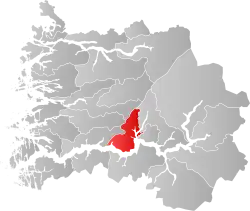 Mapa do condado de Vestland com Balestrand em destaque.