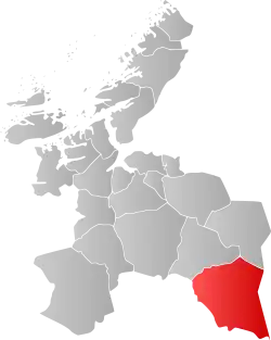 Mapa do condado de Sør-Trøndelag com Røros em destaque.