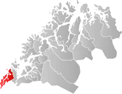 Mapa do condado de Troms com Kvæfjord em destaque.