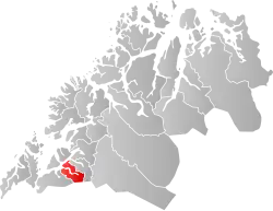 Mapa do condado de Troms com Gratangen em destaque.