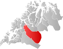 Mapa do condado de Troms com Målselv em destaque.