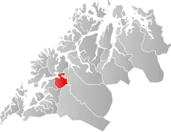 Mapa do condado de Troms com Sørreisa em destaque.