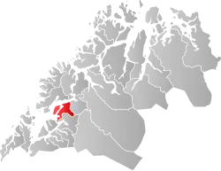 Mapa do condado de Troms com Dyrøy em destaque.