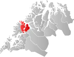Mapa do condado de Troms com Lenvik em destaque.