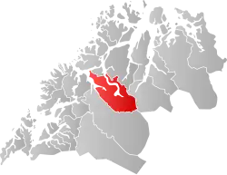 Mapa do condado de Troms com Balsfjord em destaque.