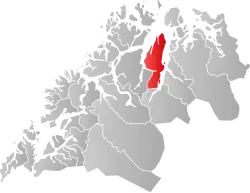 Mapa do condado de Troms com Lyngen em destaque.