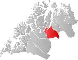 Mapa do condado de Troms com Storfjord em destaque.