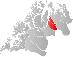 Mapa do condado de Troms com Kåfjord em destaque.