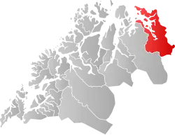 Mapa do condado de Troms com Kvænangen em destaque.