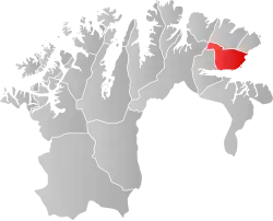 Mapa do condado de Finnmark com Vadsø em destaque.