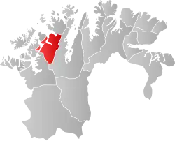 Mapa do condado de Troms og Finnmark com Kvalsund em destaque.