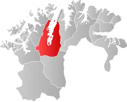 Mapa do condado de Troms og Finnmark com Porsanger em destaque.