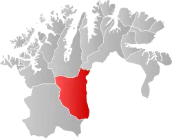 Mapa do condado de Finnmark com Karasjok em destaque.