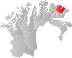 Mapa do condado de Finnmark com Båtsfjord em destaque.