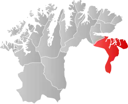 Mapa do condado de Finnmark com Sør-Varanger em destaque.
