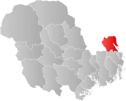 Mapa do condado de Vestfold og Telemark com Holmestrand em destaque.