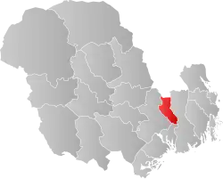 Mapa do condado de Vestfold og Telemark com Siljan em destaque.