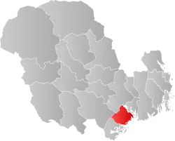 Mapa do condado de Vestfold og Telemark com Bamble em destaque.