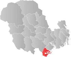 Mapa do condado de Vestfold og Telemark com Kragerø em destaque.