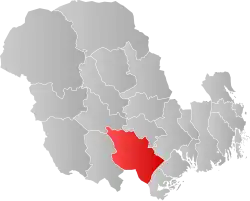 Mapa do condado de Vestfold og Telemark com Drangedal em destaque.