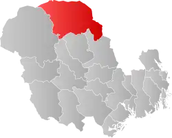 Mapa do condado de Vestfold og Telemark com Tinn em destaque.